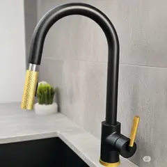 GENERICO - Grifo de Cocina Monomando Moderno Negro Mate con Detalles Dorados