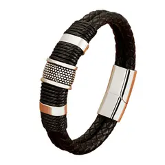 GENERICO - Pulsera de Cuero y Acero Inoxidable Hombre Hebilla Magnetica