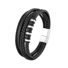 GENERICO - Pulsera de Cuero y Acero Inoxidable Hombre con Hebilla Magnético