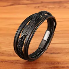 GENERICO - Pulsera de Cuero y Acero Inoxidable Hombre Hebilla Magnetica