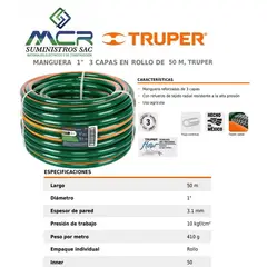 TRUPER - MANGUERA REFORZADA 3 CAPAS DIAMETRO 1” ROLLO 50m