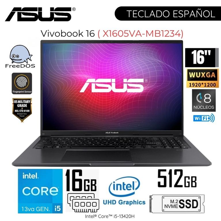Laptop VivaBook X1605VA-MB1234 Intel Core i5-13420H 16GB RAM 512GB SSD 16" WUXGA IPS Free Dos