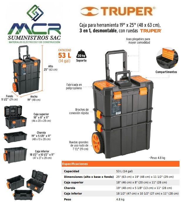 CAJA PARA HERRAMIENTA 19" x 25" RUEDAS Y MANGO 3 en 1