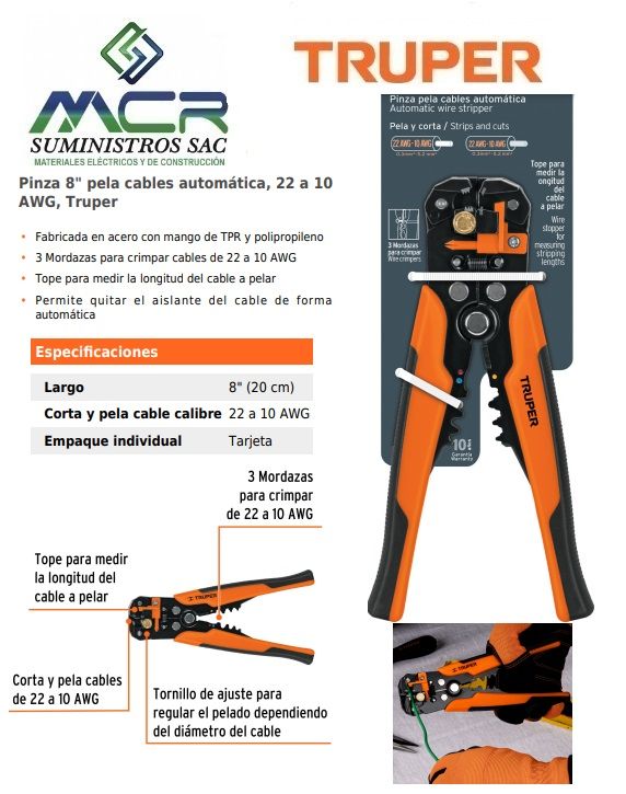 ALICATE PELACABLE AUTOMATICO 22 A 10 AWG 8” 20cm