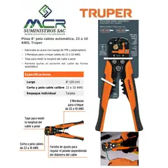 TRUPER - ALICATE PELACABLE AUTOMATICO 22 A 10 AWG 8” 20cm
