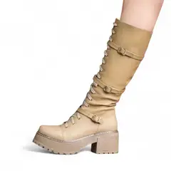 GENERICO - Bota Mujer Warrior 3 Hebilllas Taco 5 1299 5C-75 Color Beige