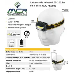 PRETUL - LINTERNA LED TIPO MINERO A PILA 100 LUMENES 14 METROS