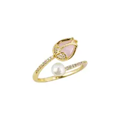 CLEO JOYAS & ACCESORIOS - Anillo Tulipan Perla Rosa Dorado Acero