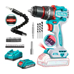 TOTAL TOOLS - Taladro Percutor Brushless 1 Batería + 1 cargador + 21 Accesorios - Total
