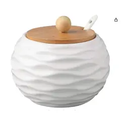 GENERICO - Azucarero con Cuchara en Ceramica Blanca y Bambu