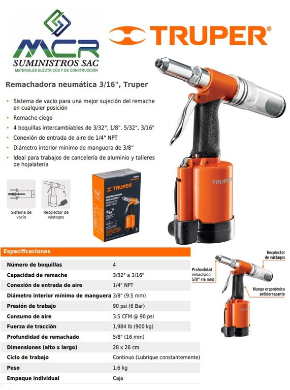 REMACHADORA NEUMATICA CAPACIDAD MAXIMA 316” 90PSI