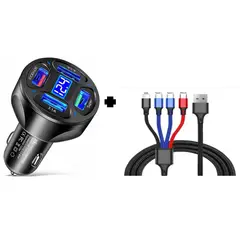 SMART - PACK CARGADOR DE AUTO 66W NEGRO 4 PUERTOS Y CABLE 4 EN 1 CARGA RAPIDA