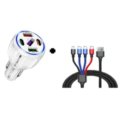 SMART - PACK CARGADOR DE AUTO 75W BLANCO 5 PUERTOS Y CABLE 4 EN 1 CARGA RAPIDA
