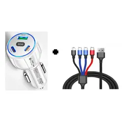 SMART - PACK CARGADOR DE AUTO 90W BLANCO 3 PUERTOS Y CABLE 4 EN 1 CARGA RAPIDA