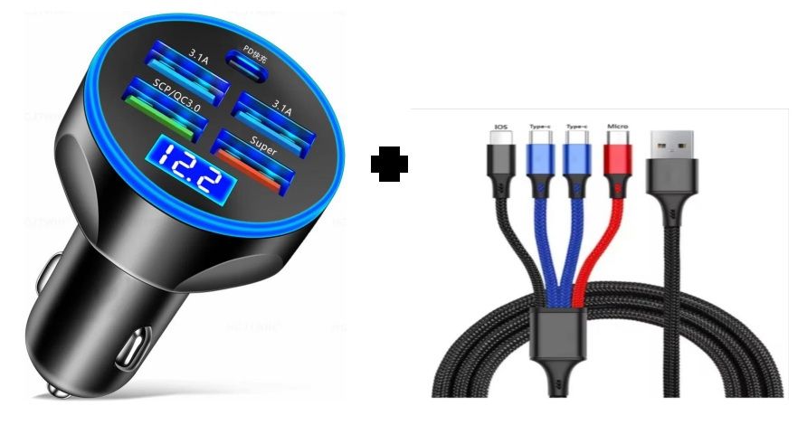 PACK CARGADOR DE AUTO 150W NEGRO 5 PUERTOS Y CABLE 4 EN 1 CARGA RAPIDA