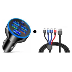 SMART - PACK CARGADOR DE AUTO 150W NEGRO 5 PUERTOS Y CABLE 4 EN 1 CARGA RAPIDA