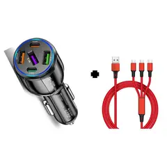 SMART - PACK CARGADOR DE AUTO 75W NEGRO 5 PUERTOS Y CABLE 3 EN 1 ROJO PREMIUM