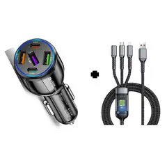 SMART - PACK CARGADOR DE AUTO 75W NEGRO 5 PUERTOS Y CABLE 3 EN 1 100W PREMIUM