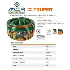 TRUPER - MANGUERA REFORZADA 3 CAPAS DIAMETRO 1/2” ROLLO 100m