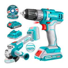 TOTAL TOOLS - Taladro Atornillador + Amoladora 20v + Lata Discos + 2 baterias Total