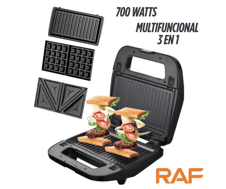Sanguchera RAF R203 3 en 1 Intercambiables Sangucher Grill Wafle Negro