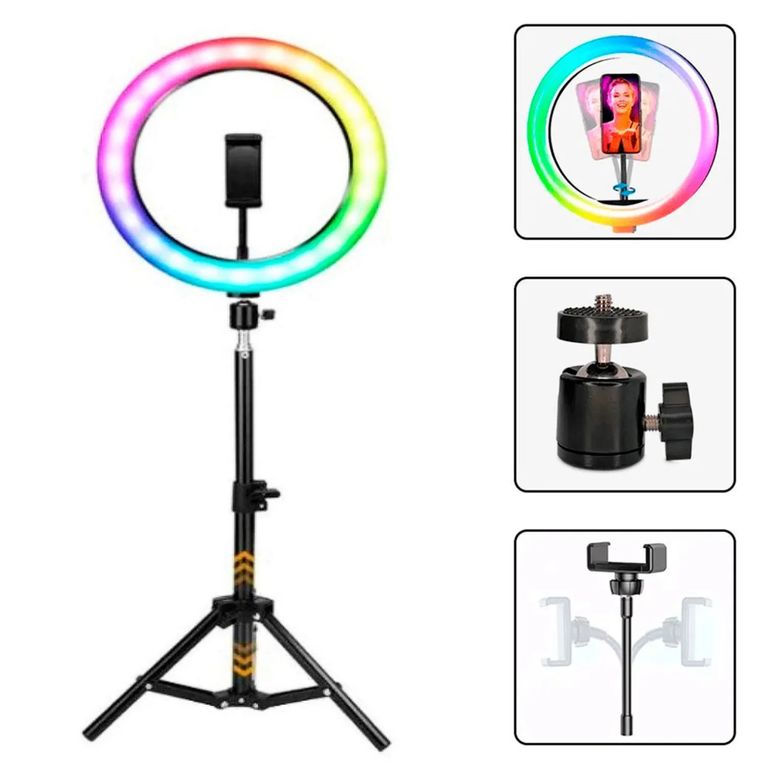 Aro De Luz Rgb Multicolor De 30 Cm Profesional Con Tripode 2.10 m