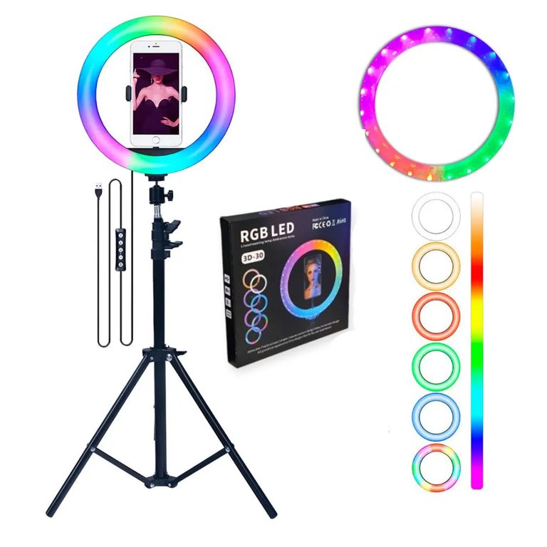 Aro De Luz Led 30Cm Trípode 21M Luz Blanca Calida RGB