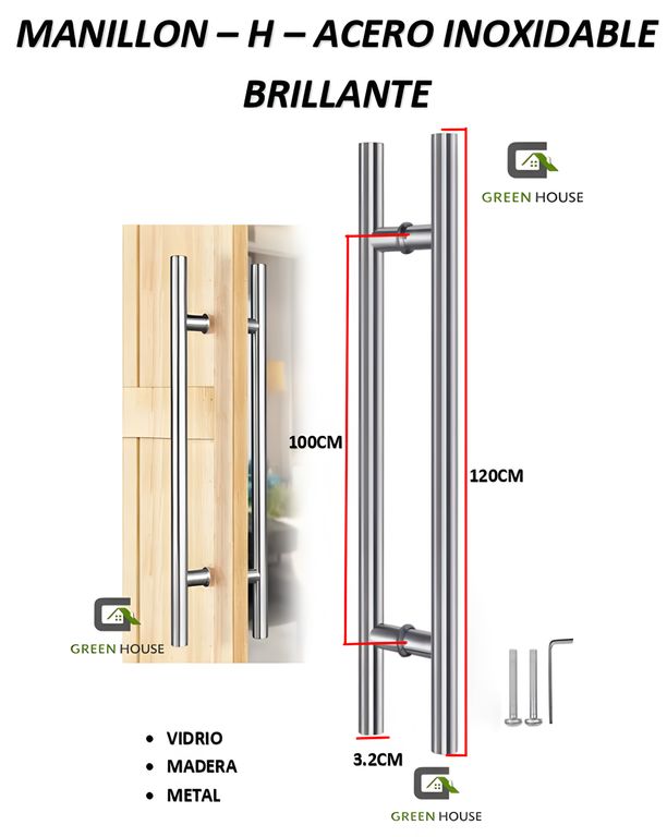 MANILLON DOBLE ACERO INOXIDABLE 120cm PUERTA MADERA - VIDRIO - METAL