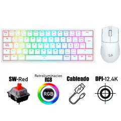 REDRAGON - Combo S143 Teclado K617RGB FIZZ SP + Mouse M724 Color Blanco