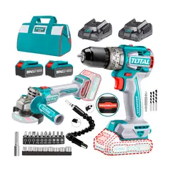 TOTAL TOOLS - Taladro Percutor Atornillador + Amoladora Brushless + 2 Cargador + 2 Baterías+21 Acces.