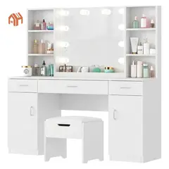 ANYHOGAR - Tocador Con Espejo tipo Hollywood con Taburete Cajones