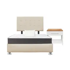 GENERICO - Combo Cama tapizada Petal -15pl Beige claro+Colchón +Almd+ Velador Nod