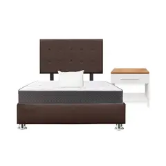 GENERICO - Combo Cama tapizada Petal Pcromadas -15plz Marrón +Colchón +Almd+ Velador Nod