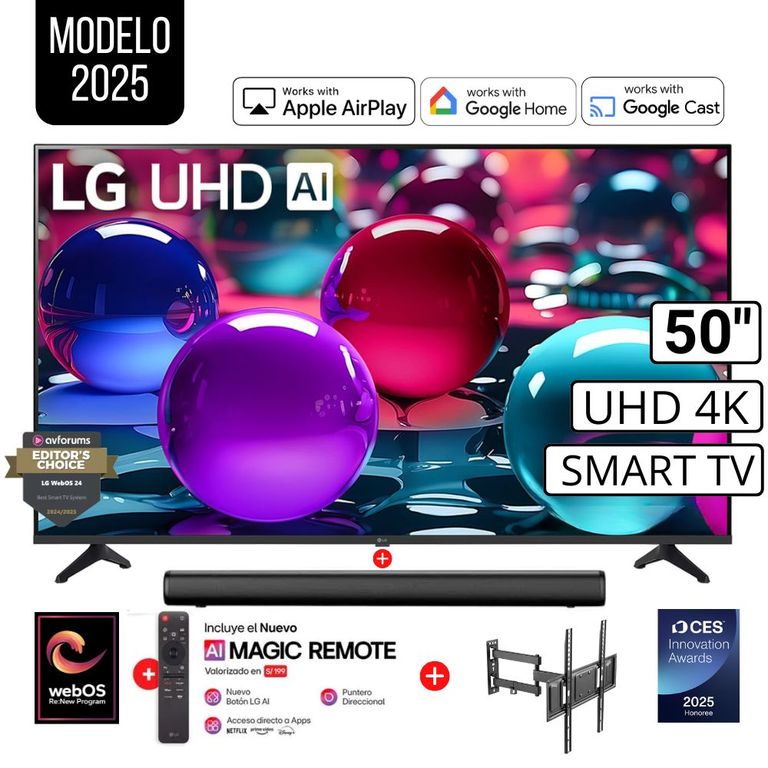 Televisor 50 Pulg Ultra HD 4K AI ThinQ 50UA7300PSB Modelo 2025 + Control Magic + Sounbar + Rack