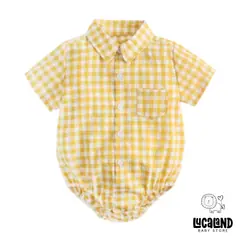 LUCALAND - Body camisa manga corta de algodón cuadros amarillo