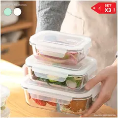 INSPIRA - Set x3 Táperes de Vidrio con tapa plástica hermética Rectangular