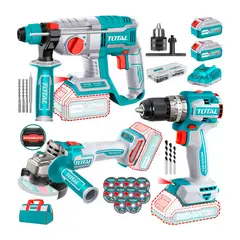 TOTAL TOOLS - Kit Taladro Percutor + Rotomartillo + Amoladora Brushlees 20v