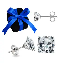 GENERICO - Aretes Hombre Joya Plata 950 Zircón Cuadrado Blanco - 8mm