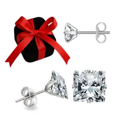 GENERICO - Aretes Mujer Joya Plata 950 Zircón Cuadrado Blanco - 9mm