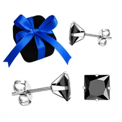 GENERICO - Aretes Hombre Joya Plata 950 Zircón Cuadrado Negro - 5mm