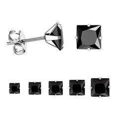 GENERICO - Aretes Hombre Joya Plata 950 Zircón Cuadrado Negro - 7mm