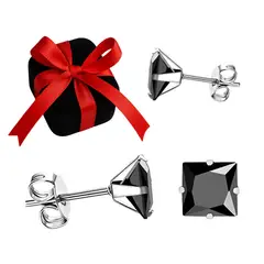 GENERICO - Aretes Mujer Joya Plata 950 Zircón Cuadrado Negro - 7mm