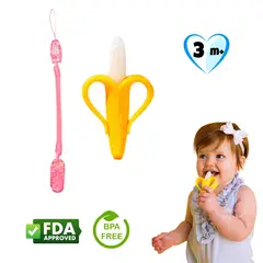 MIMOS - Mordedor Platanito Amarillo de Silicona con Sujetador ROSADO