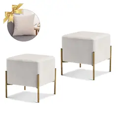 GENERICO - 2 Puff Aurora Cuadrado con Base Metálica Ivory + 1 Cojín