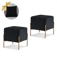 GENERICO - 2 Puff Aurora Cuadrado con Base Metálica Negro + 1 Cojín