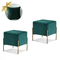 GENERICO - 2 Puff Aurora Cuadrado con Base Metálica Verde + 1 Cojín