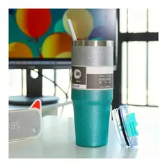 GENERICO - Vaso Térmico Tomatodo con Cañita – Plateado Turquesa 890 Ml