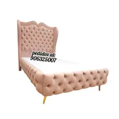 GENERICO - CAMA DALIA CAPITONNE – 2 PLAZAS ROSA PASTEL BOX TARIMA Y CABECERA