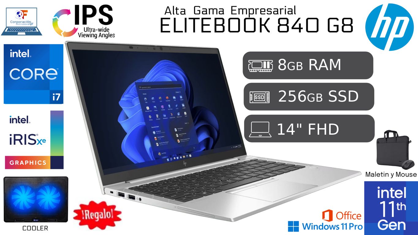 Laptop EliteBook 840 G8 i7 11va 8GB RAM 256GB SSD Reacondicionada Garantía 1 año + COOLER