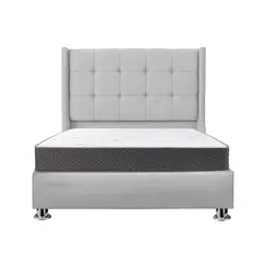 MUEBLES MACRUMO - Combo Cama tapizada Atenas - Queen Gris claro + colchón semiortopédico